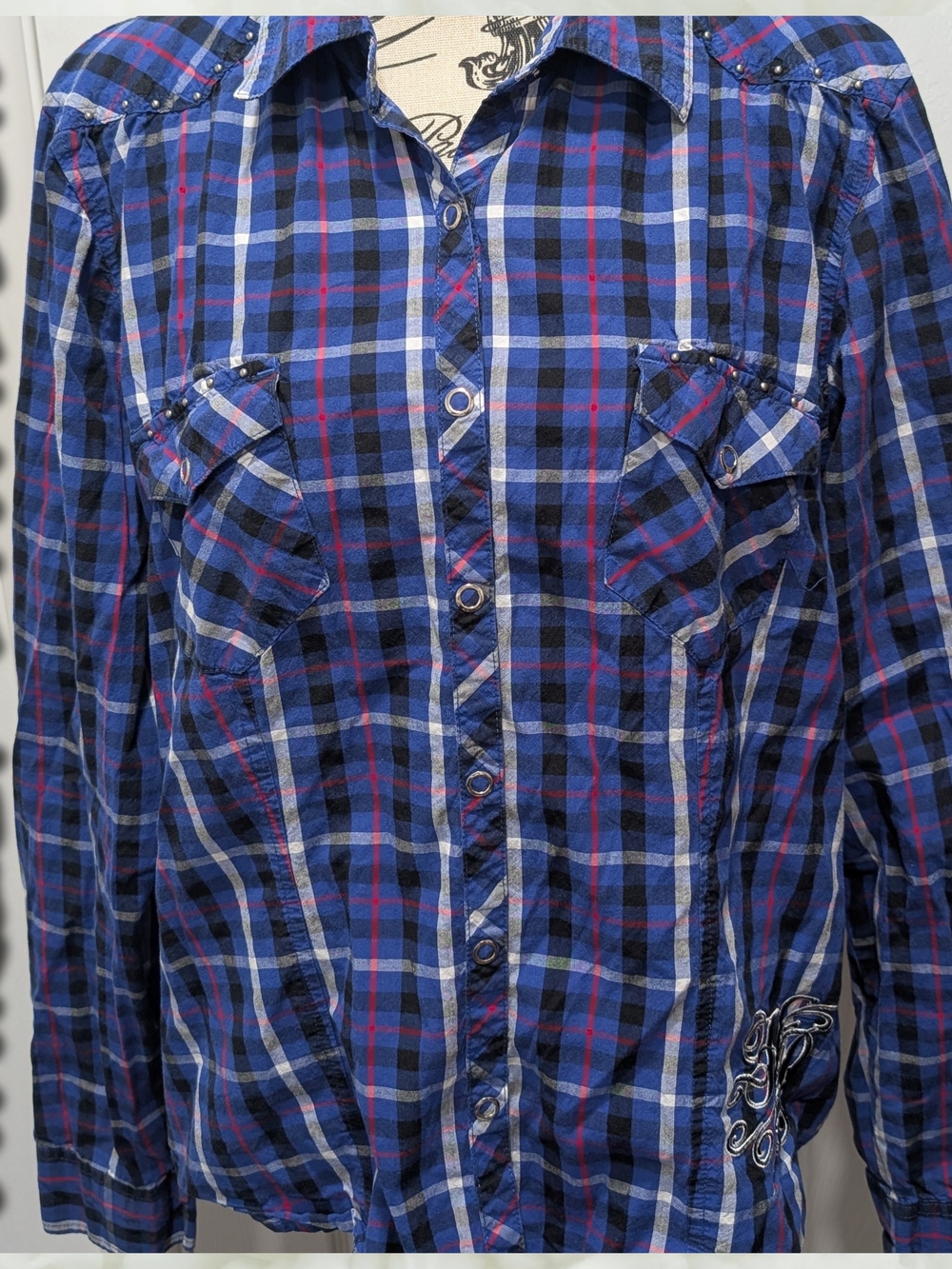Harley-Davidson Women's Blue Plaid Button-Down Shirt with Red Accents